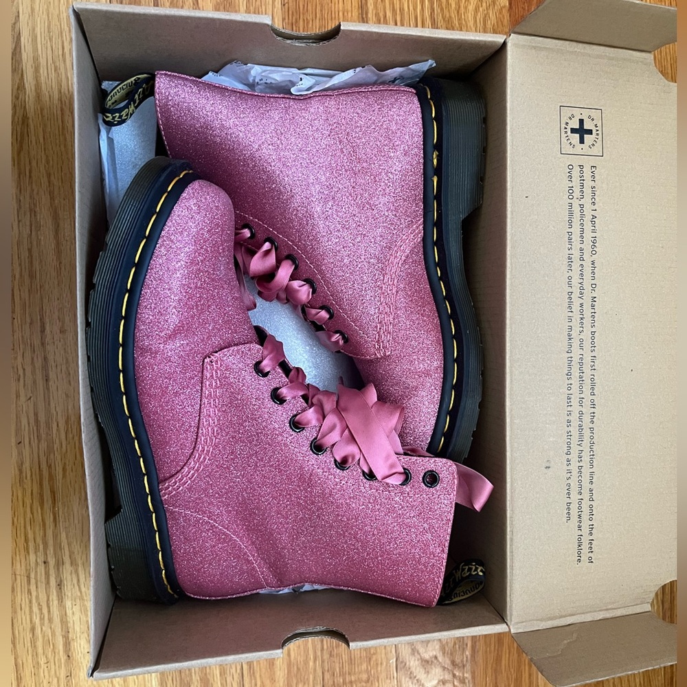 Pink Sparkle Fine Glitter Ribbon Laced Doc Marten Boots Pascal 1460